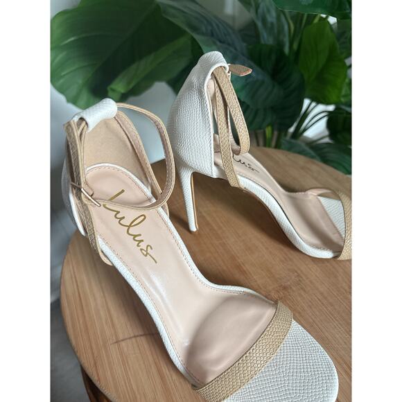 Lulus Snakeskin Heels Size 8 Ankle Strap Stilettos White Tan Pumps - Picture 6 of 11